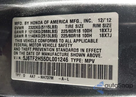 2013 Honda Crosstour Ex-L V6 z USA, uszkodzony, nr VIN 5J6TF2H55DL001246